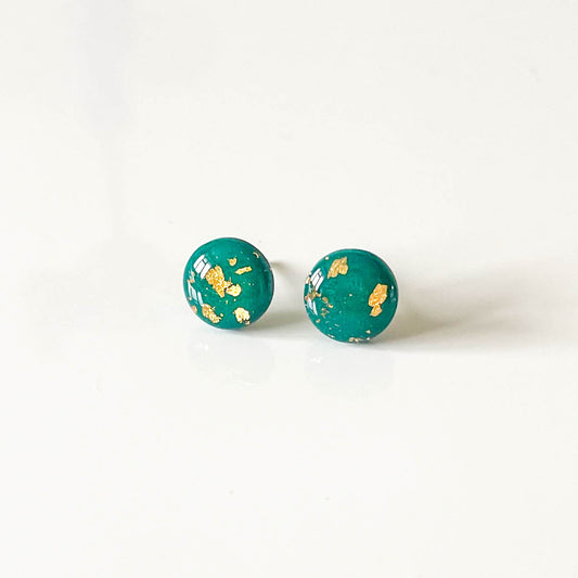 Green and Gold Leaf Stud Earrings