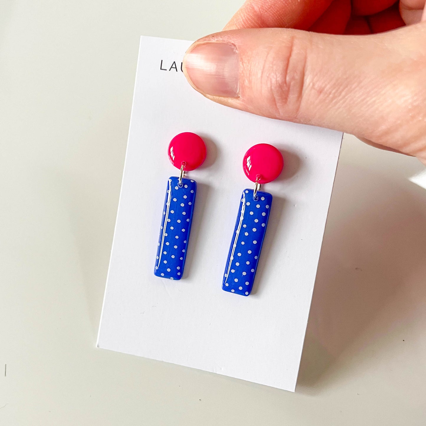 Blue and Pink Polka Dot Hanging Earrings