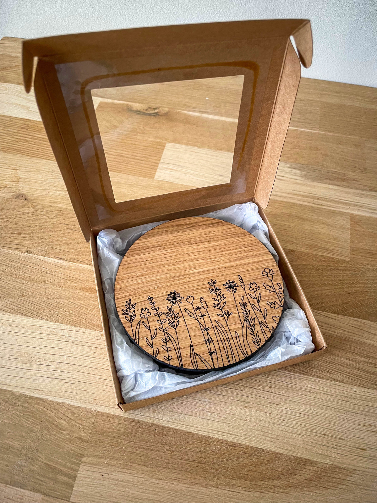 Wooden Coasters - Engraved Wildflower Pattern - Set of 4