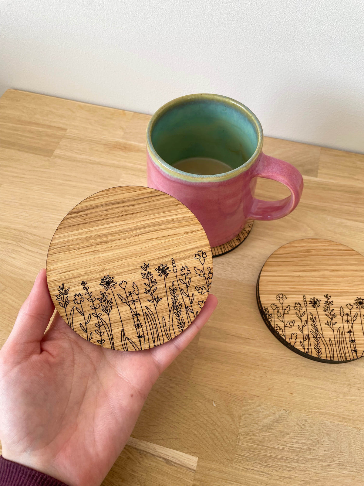 Wooden Coasters - Engraved Wildflower Pattern - Set of 4