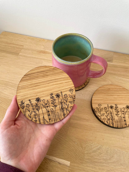 Wooden Coasters - Engraved Wildflower Pattern - Set of 4