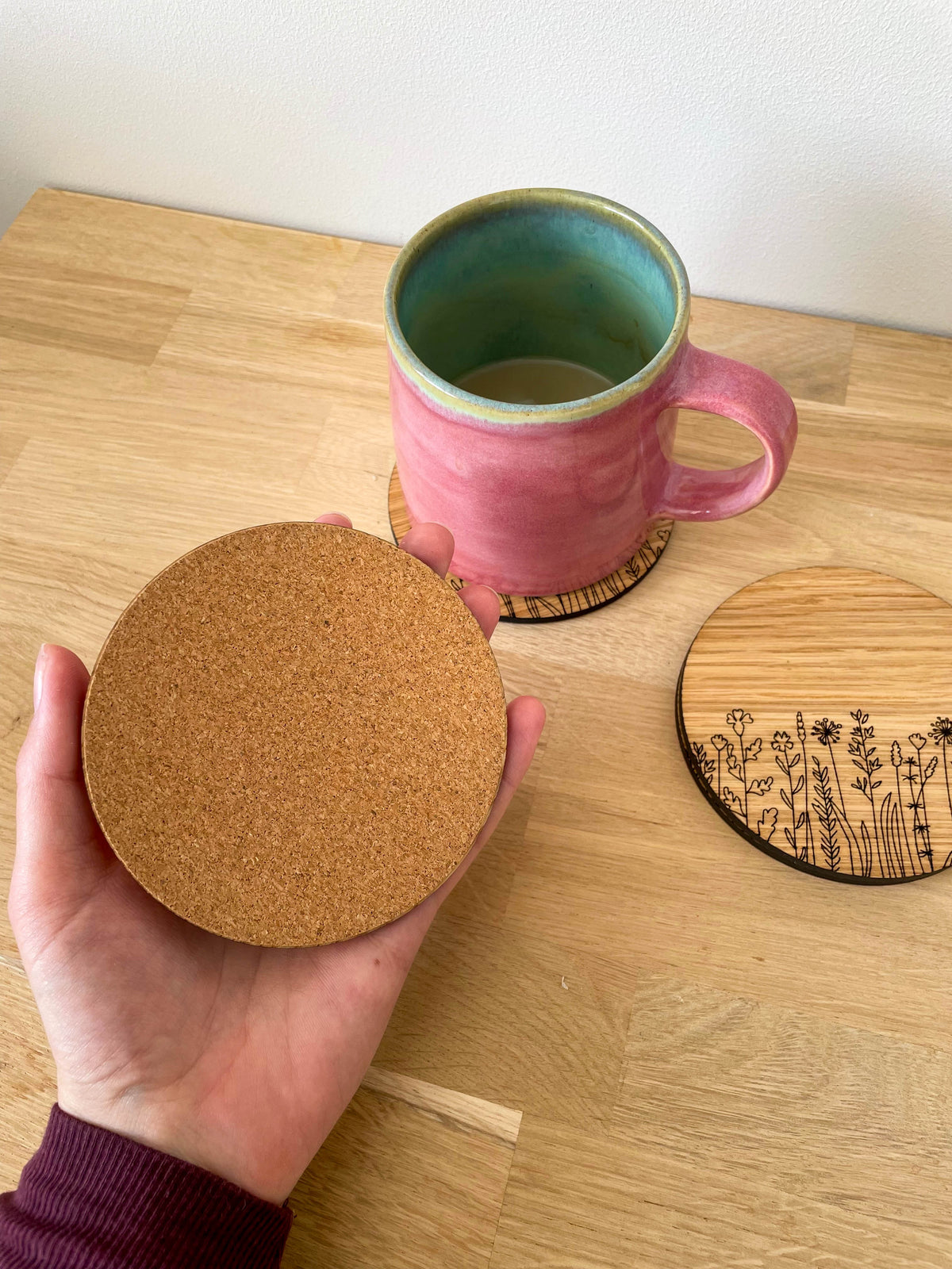 Wooden Coasters - Engraved Wildflower Pattern - Set of 4