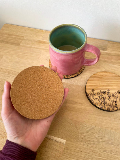 Wooden Coasters - Engraved Wildflower Pattern - Set of 4