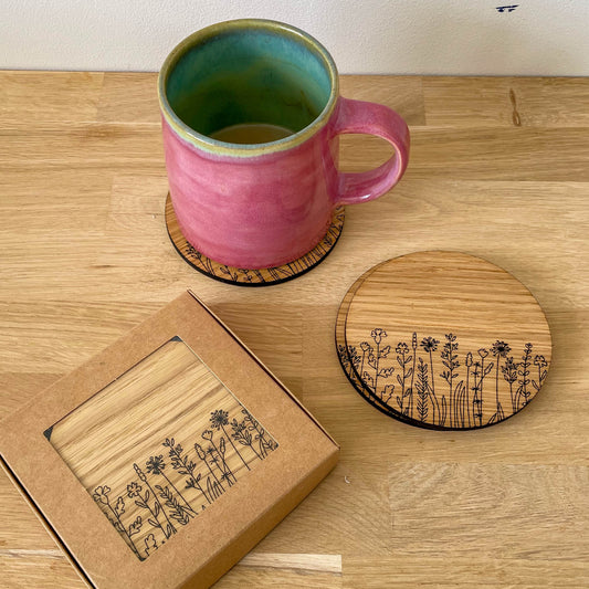 Wooden Coasters - Engraved Wildflower Pattern - Set of 4